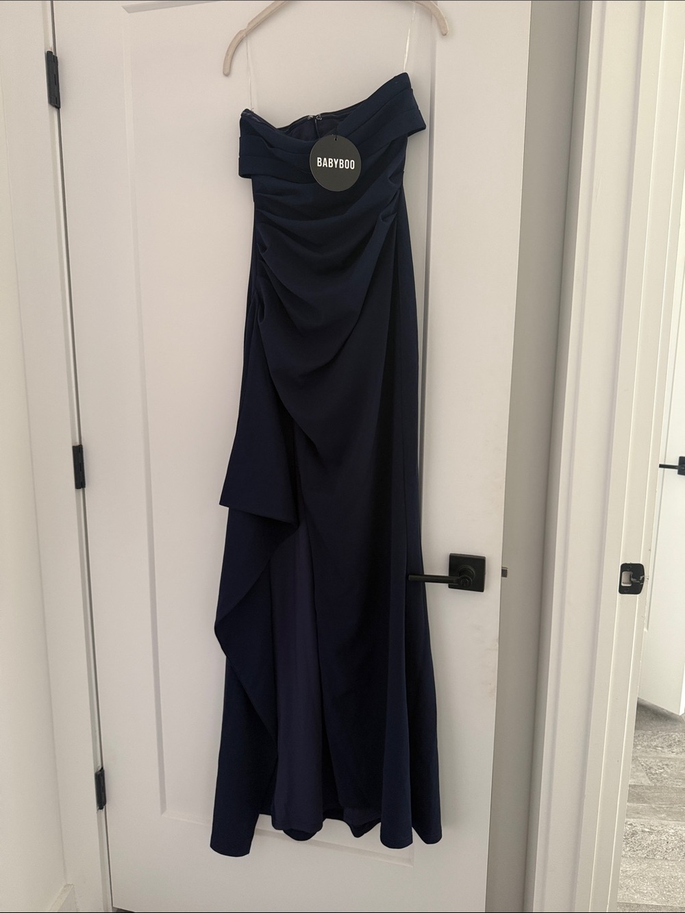 NWT BabyBoo Zafira Navy Draped Strapless Dress